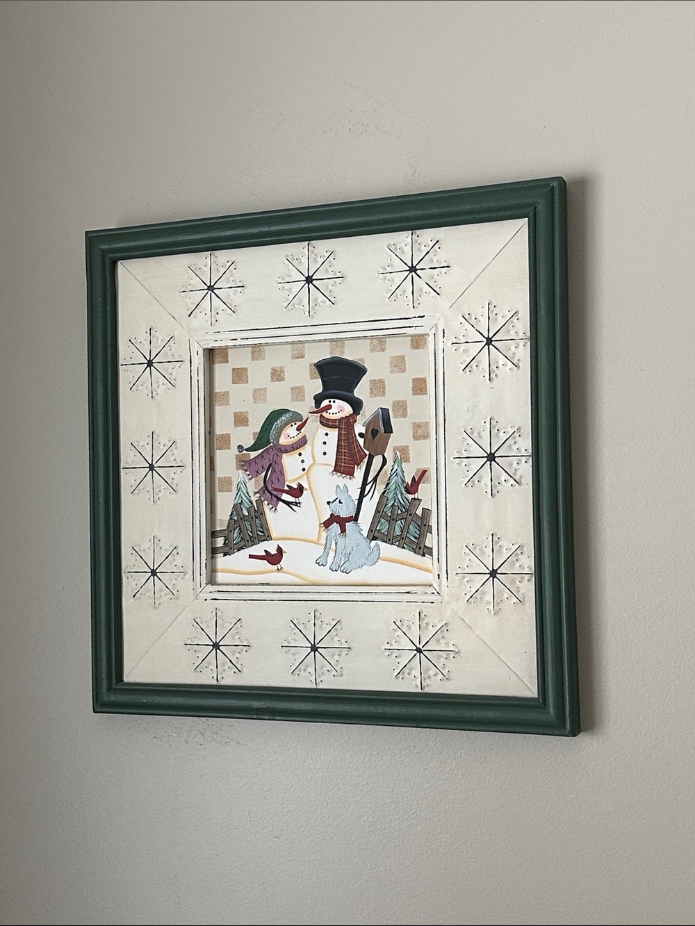Framed Snowman Winter Wall Art - Green & Cream